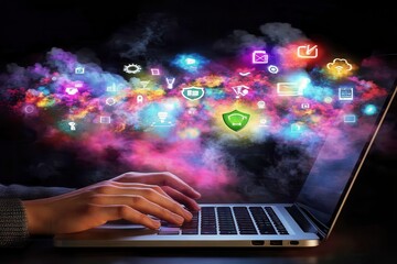 Hands typing on a laptop with colorful app icons and digital smoke effects  A digital interface with a variety of app icons floating above and around the laptop keyboard