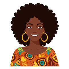 Smiling African woman with natural curly hair wearing colorful dress  