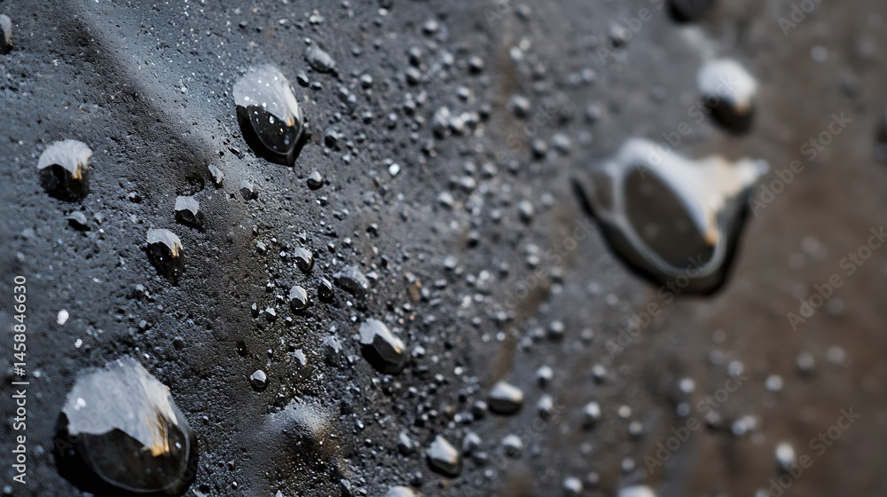 Poster close-up view of water droplets on a dark, textured surface, showcasing the glistening reflections a