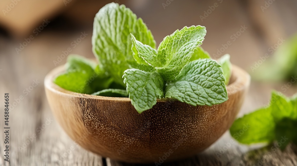 Poster fresh mint leaves in a rustic wooden bowl, close-up view showcasing vibrant green color and texture,
