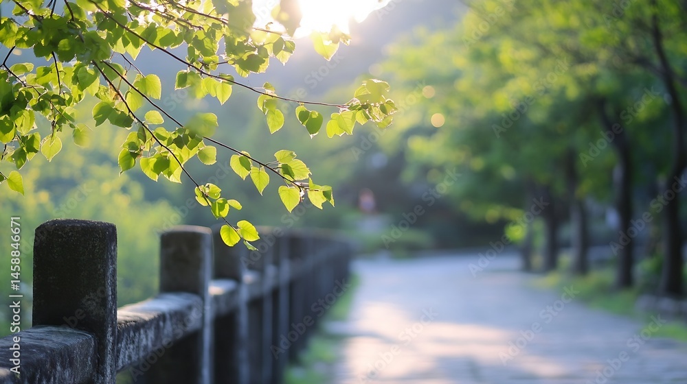 Leinwandbilder sunlit green leaves of a tree branch gently sway over a tranquil pathway, creating a serene and peac