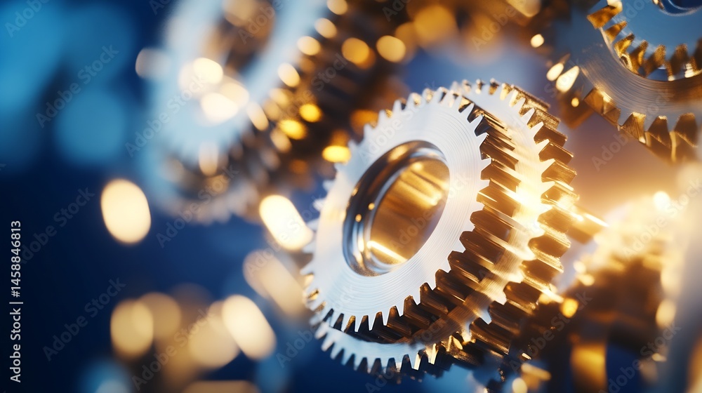 Poster Close-up of interlocking metallic gears, gleaming with a golden light against a dark blue background, showcasing intricate details and precision engineering. : Generative AI