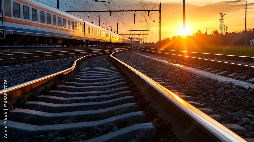 Poster Passenger train departing at sunset, railway tracks extending towards a vibrant orange sky, sun reflecting on the rails, creating a warm and inviting atmosphere. : Generative AI