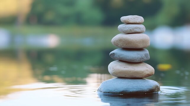 Serene stack of gray and beige stones balanced on calm water, reflecting tranquil nature scene.  Peaceful zen garden, mindfulness concept. : Generative AI