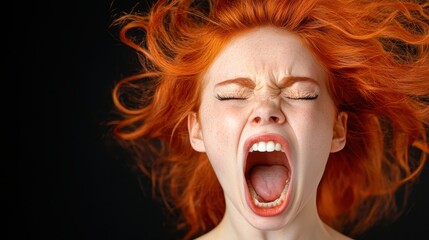 A vibrant red-haired girl captures a raw moment of emotion, her face contorted in a powerful scream, showcasing intensity and passion against a dark background.