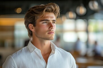 Fototapeta premium A young man with styled brown hair, wearing a white linen shirt, gazes thoughtfully into the distance.