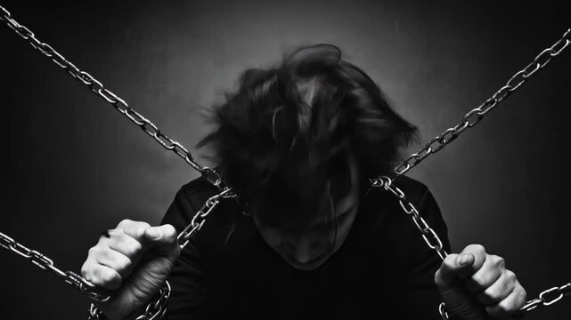 Man in dark struggling with chains: Metaphor for mental illness, depression, and inner demons. Powerful image of psychological battle and emotional pain