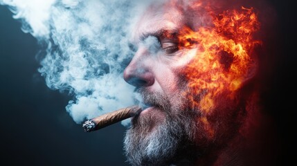 A striking image of a rugged man with a cigar, featuring swirling smoke and artistic flames, symbolizing intensity and passion in a breathtaking combination of elements.