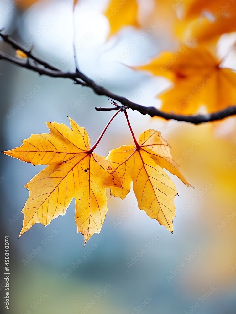 Aufkleber two golden maple leaves delicately hang from a slender branch, their veins visible against a soft-fo