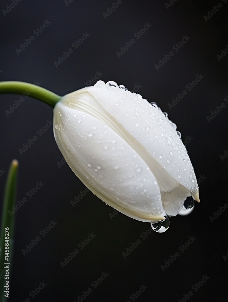 Poster close-up of a single white tulip covered in dew drops, elegantly bending against a dark background. 