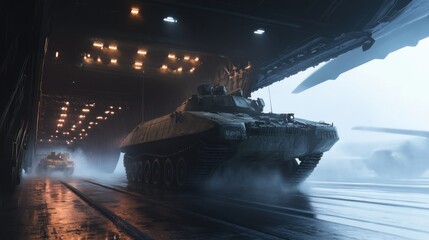 Military tanks in a hangar