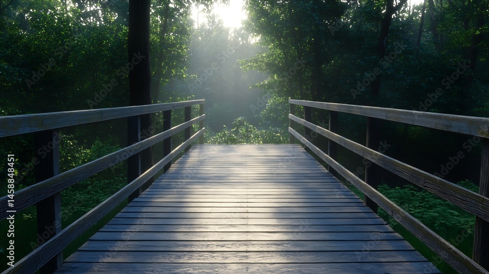 Aufkleber Wooden footbridge extending into a sunlit, misty forest, creating a serene and peaceful atmosphere. The path leads towards a bright, hopeful future. : Generative AI
