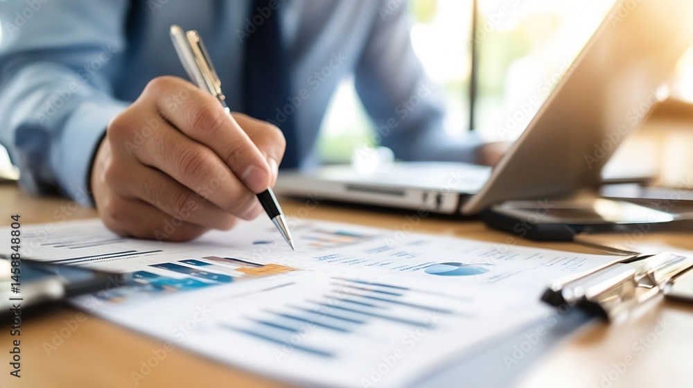 Poster close-up of a businessman's hand meticulously reviewing financial charts and graphs, using a pen to 