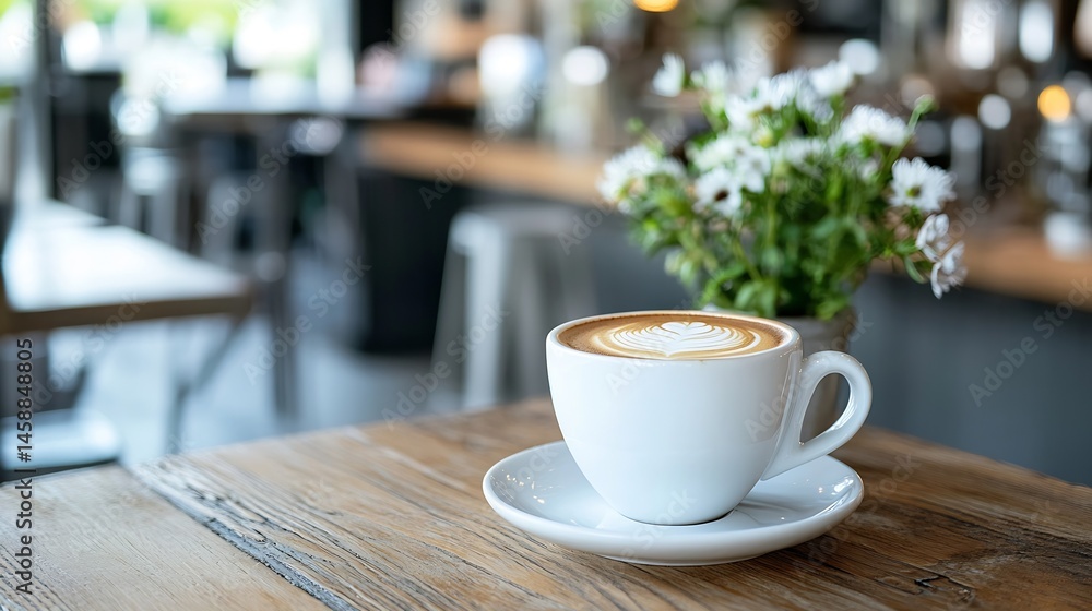 Poster aromatic latte art in a white cup sits on a rustic wooden table in a cafe, with blurred background o