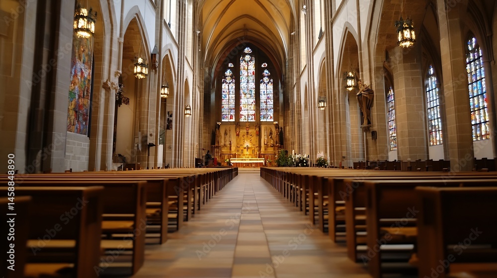 Poster Empty church aisle with wooden pews leading to an altar, featuring stained glass windows and ornate architecture, creating a serene and peaceful atmosphere. : Generative AI