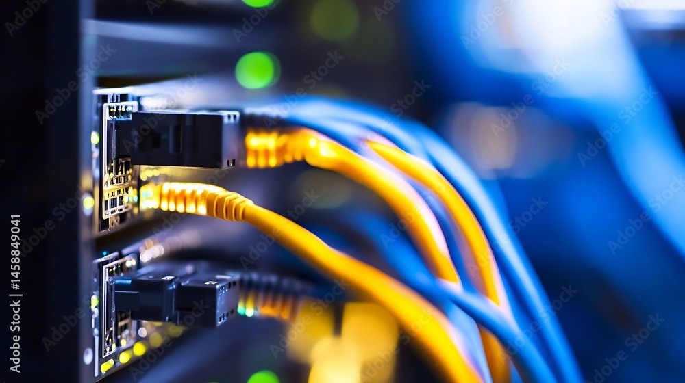 Poster close-up view of fiber optic cables connected to a network switch, showcasing vibrant yellow and blu