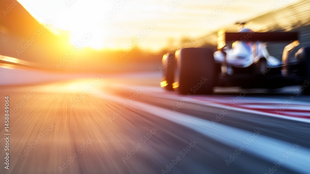 Poster blurred formula 1 race car speeding along a track at sunset, dynamic motion, vibrant orange and yell