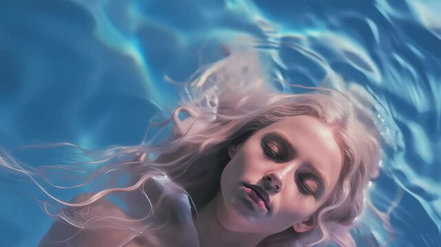 Caucasian woman underwater, eyes closed, expressing mental health struggle. Artistic portrayal of depression, anxiety, or emotional distress. Metaphor for drowning in feelings.