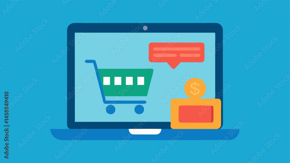 Poster ecommerce checkout an illustration of a laptop screen displaying a shopping cart filled with items a
