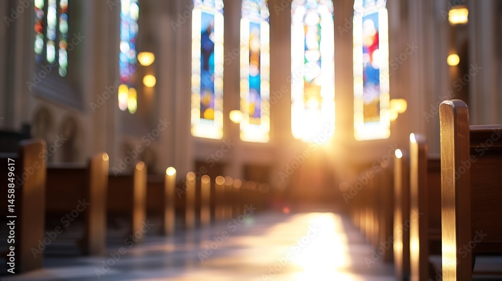Poster sunlit church aisle with rows of wooden pews and vibrant stained glass windows, creating a serene an