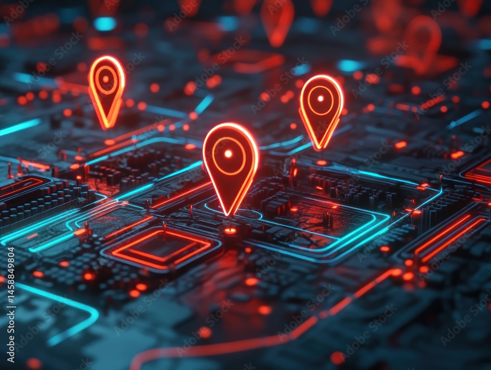 Poster abstract circuit board with glowing location pins