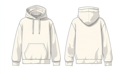 Front and back view of a cream hoodie