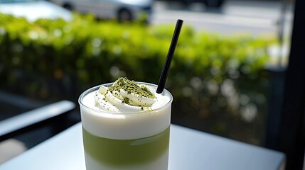 Refreshing layered drink with whipped cream and garnish.