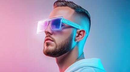Futuristic fintech user showcasing hyperrealistic style in south america portrait photography neon environment close-up