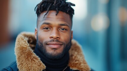 Fototapeta premium A stylish man with dreadlocks and a warm smile stands confidently in a thick winter coat, embodying urban fashion amidst a blurred city backdrop, radiating charisma.