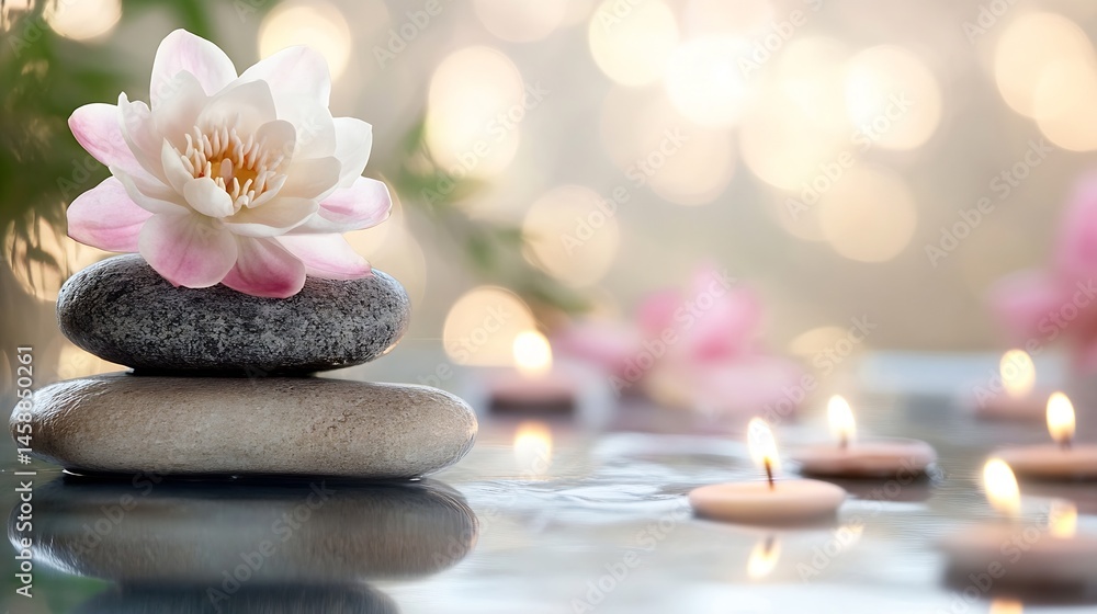 Poster serene spa scene: pink water lily atop stacked stones, reflected in calm water with softly glowing c