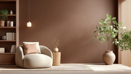 Minimalist living room with cozy chair, neutral tones, modern decor, indoor plant, and soft lighting.