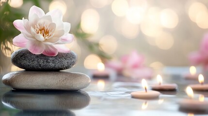 Serene spa scene: pink water lily atop stacked stones, reflected in calm water with softly glowing candles, creating a peaceful and tranquil atmosphere. : Generative AI