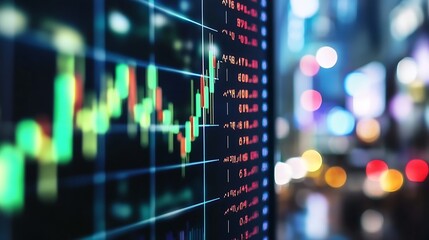 Close-up view of a stock market data screen displaying candlestick charts and numerical data, with a blurred city lights background at night. : Generative AI