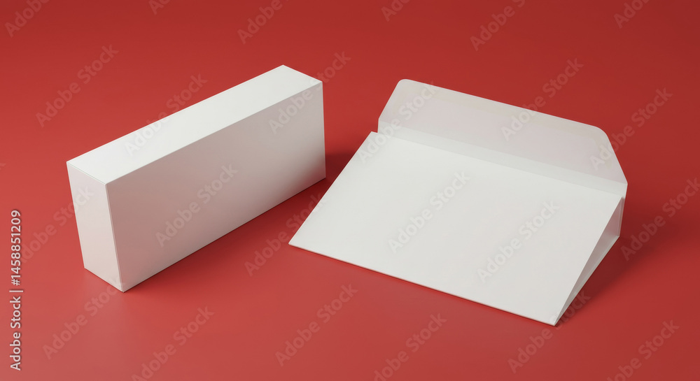 Poster white box and envelope resting on a red surface. blank product packaging mockups displayed on a red 