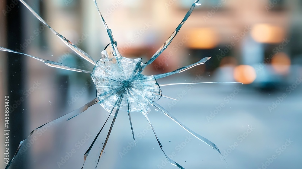 Poster close-up view of a shattered glass pane, showing radial cracks emanating from a central impact point