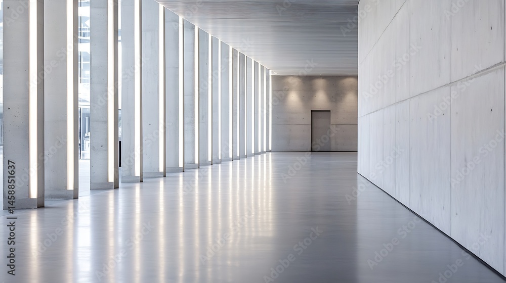Poster modern minimalist hallway with concrete walls, polished floor, and illuminated vertical columns crea