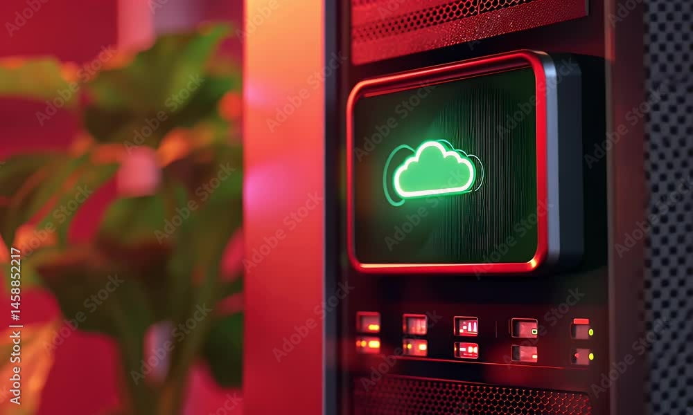 Poster 3d render of a server rack with a cloud icon on the screen, close-up, with a red and green color pal