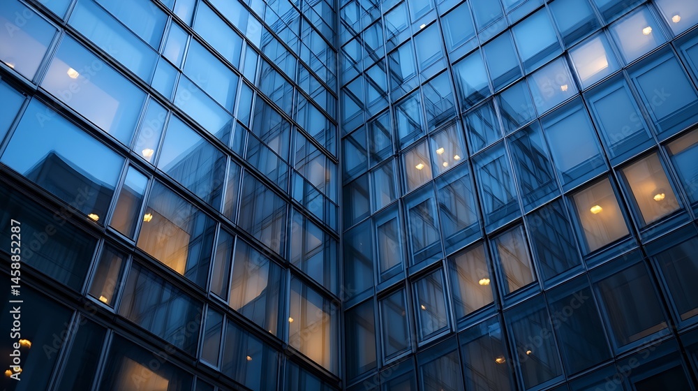 Poster modern glass skyscraper facade at dusk, showcasing a geometric pattern of windows reflecting city li