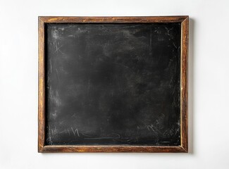 Empty black chalkboard with a wooden frame.  A vintage-style, square slate board, displaying a dark black surface with some faint, aged markings. The board is mounted in a light brown wooden frame