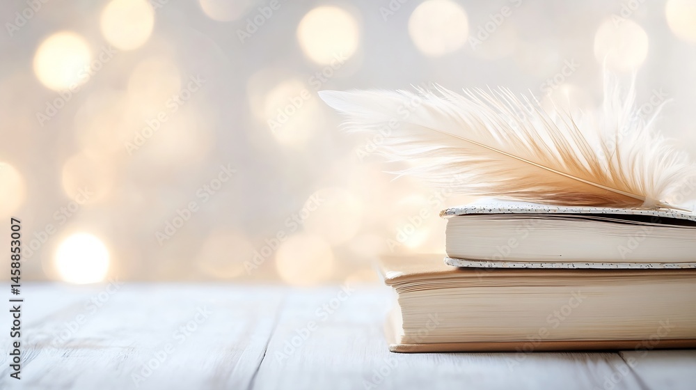 Poster a soft beige feather rests atop a stack of cream-colored books, set against a bokeh background of wa