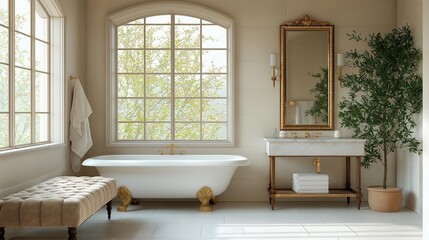 Luxurious bathroom with a large window on the left side of the image. the window has an arched design with white curtains and is covered with greenery.