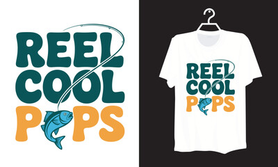 Fototapeta premium Vintage Style Reel Cool Pops Typography Vector with Fishing Rod and Jumping Fish for Fathers Day T Shirt Design