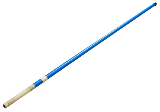 A blue pool cue stick stands diagonally against a black backdrop