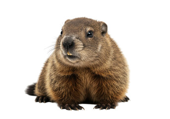 Fototapeta premium A fluffy groundhog peers into the camera its tiny teeth visible against a black backdrop