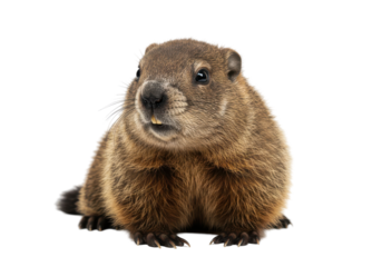 A fluffy groundhog peers into the camera its tiny teeth visible against a black backdrop