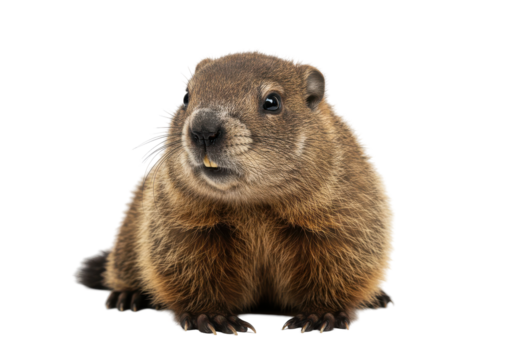 A fluffy groundhog peers into the camera its tiny teeth visible against a black backdrop