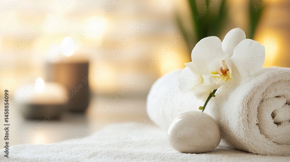 Poster serene spa setting with white orchid, rolled towel, and candles creating a calming atmosphere of wel