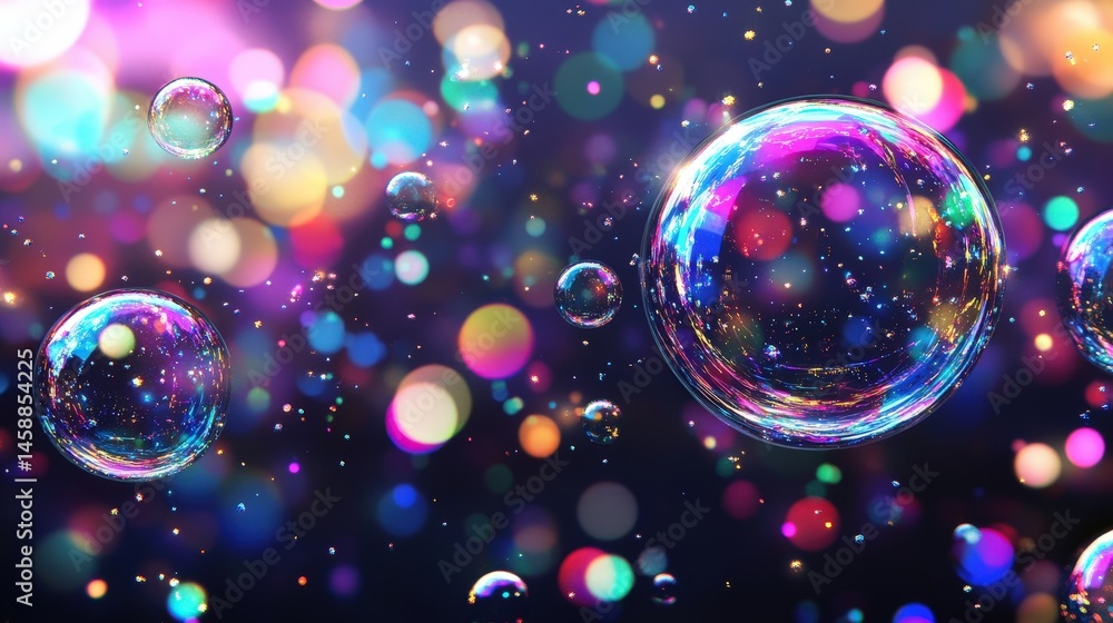 Poster a sparkling party bubbles background with floating iridescent orbs and scattered confetti glows