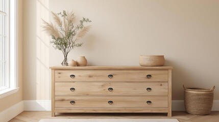 Wooden dresser in a room with a large window on the left side. the dresser is made of light-colored wood and has six drawers with black knobs.