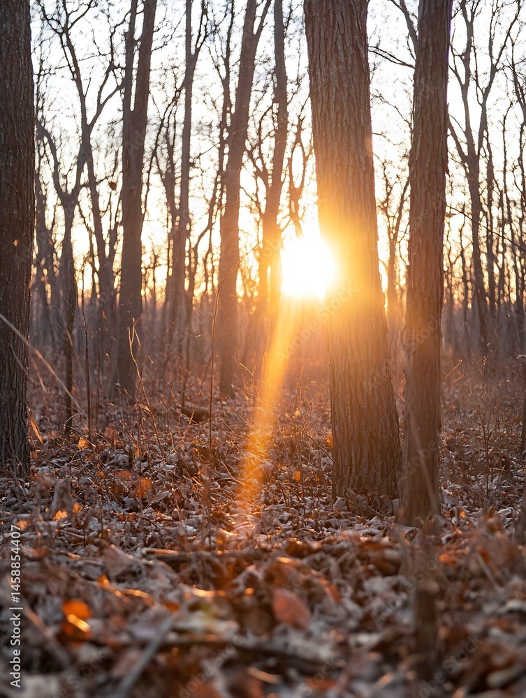 Poster sunset light beams through the trunks of trees in a winter forest, illuminating the fallen leaves on